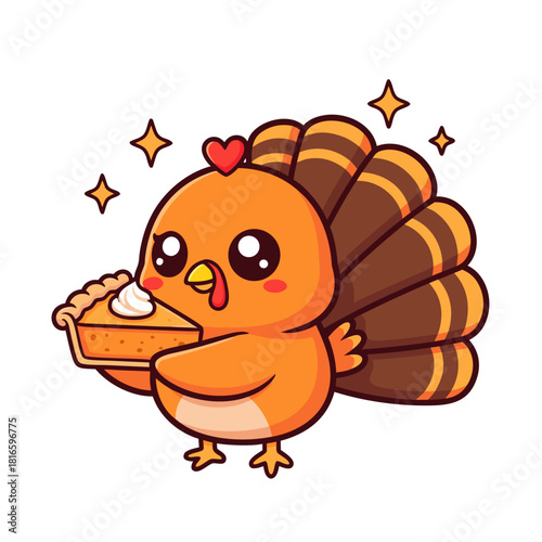 Adorable cartoon turkey celebrating autumn harvest with a delicious slice of pumpkin pie