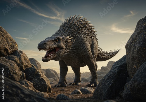 A massive, prehistoric quill beast stands defensively among jagged rocks, its sharp spines bristling against the harsh wilderness environment ,legend ,defense ,bristling