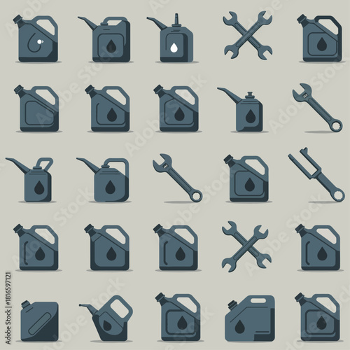 A collection of flat design icons representing various types of jerrycans and wrenches, suitable for industrial or automotive themes.