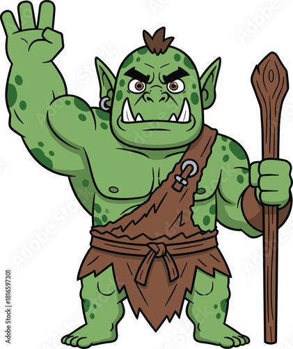 Cartoon green orc, fantasy character, muscular monster, tusks and mohawk, staff holding, casting spell, game asset, vector illustration