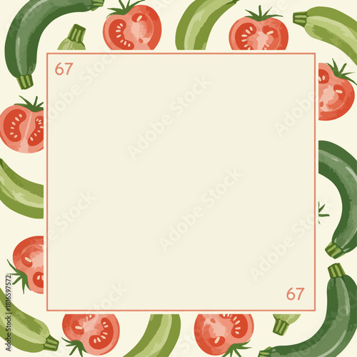 A square frame with a light cream background, bordered by vibrant illustrations of green zucchinis and red halved tomatoes, with the number 67 in two corners.