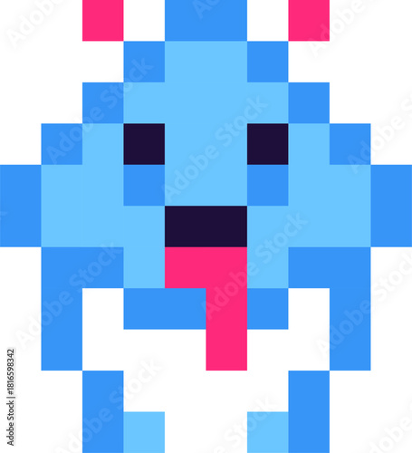 Blue pixel monster character sticking out tongue