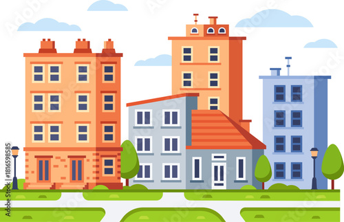 City street with various apartment buildings and suburban houses