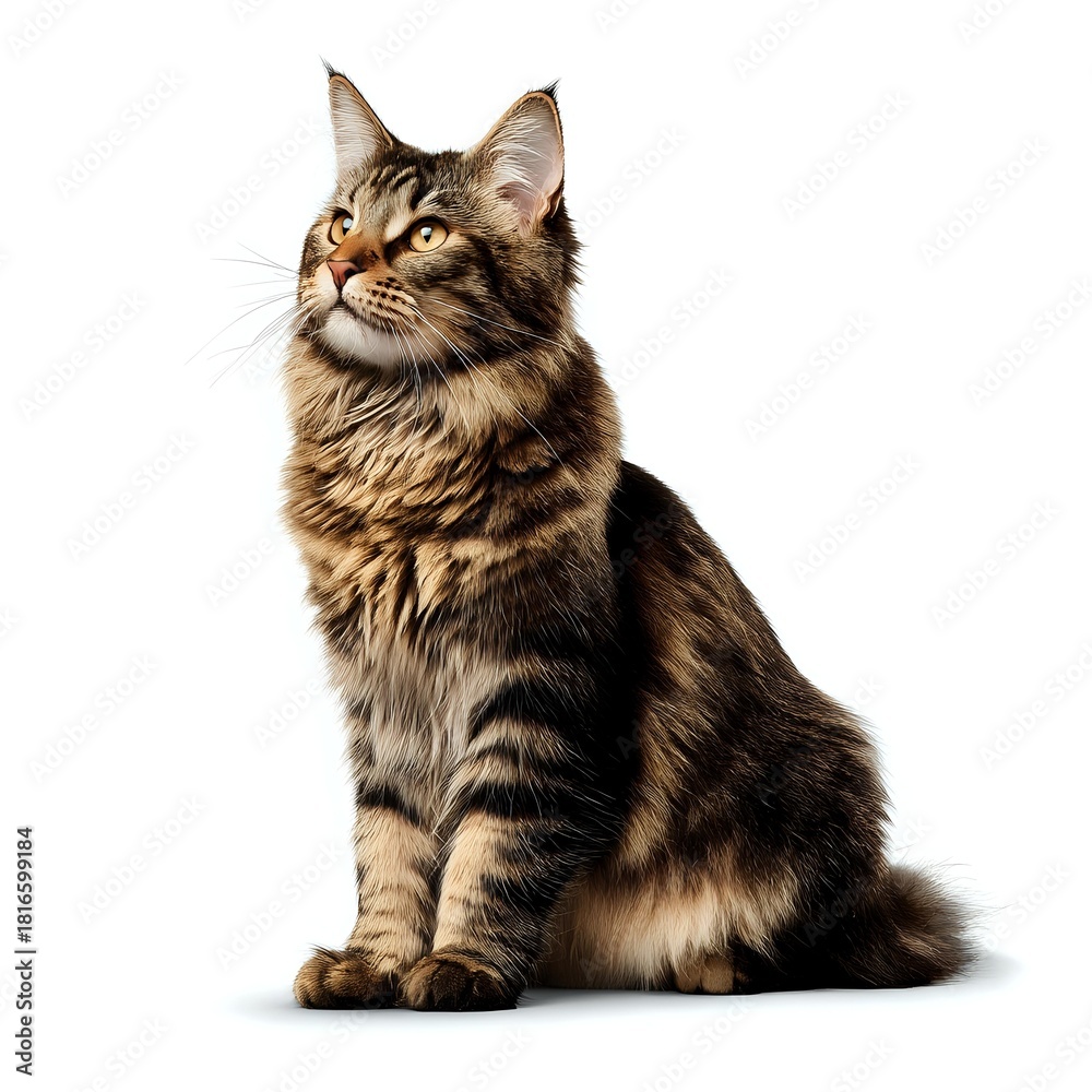 Fototapeta premium Majestic Maine Coon cat with brown tabby fur sitting upright on white background, isolated for pet photography, veterinary, or animal care designs.