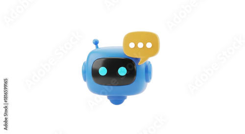 Cute Blue AI Chatbot Robot Head 3D Render with Yellow Thinking Speech Bubble isolated on Transparent Background