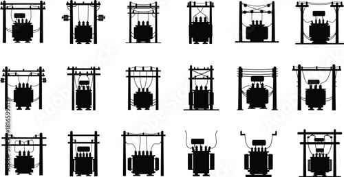 Electrical transformer silhouettes vector, insulators bushings wiring support frames illustration, power distribution infrastructure icons, energy grid system design graphics