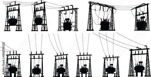 Electrical transformer silhouettes vector, substation structures insulators circuit breakers illustration, power distribution infrastructure icons, energy transmission system design graphics
