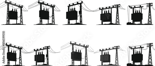 Electrical transformer silhouettes, utility pole structures, power distribution network, energy grid equipment, voltage insulators, electricity infrastructure technical design, flat vector