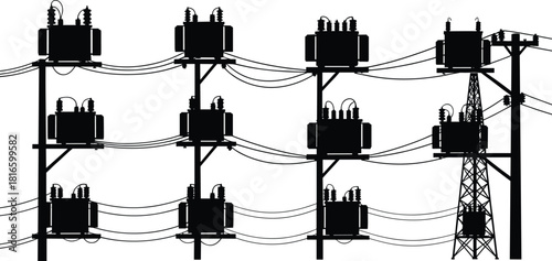 Electrical transformer silhouettes, utility poles, transmission tower, power lines, energy distribution system, industrial infrastructure, electricity grid network, engineering concept, flat vector
