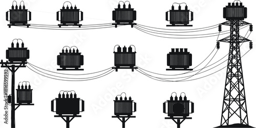Electrical transformer silhouettes, utility poles, transmission tower, power lines, energy distribution, voltage network, industrial infrastructure, electricity grid system, concept, flat vector