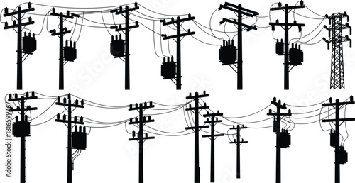 Electrical utility poles and transmission tower silhouettes with transformers, insulators, crossarms, power lines, diverse grid infrastructure illustration, electricity system, flat vector