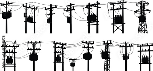 Electrical utility poles and transmission towers with transformers, insulators, crossarms, power lines, diverse infrastructure configurations, energy distribution system illustration, flat vector