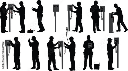 Electricians repairing control boxes, technicians inspecting electrical panels, workers using tools, safety helmets, industrial maintenance silhouettes, engineering tasks, flat vector