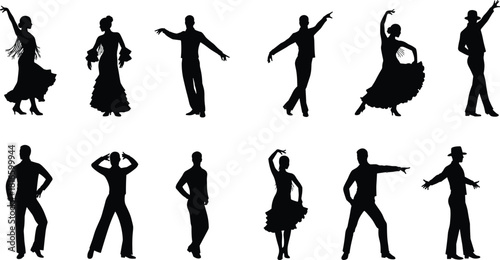 Elegant dance silhouettes, ballroom dancers, flamenco performers, Latin couples, graceful motion, artistic choreography, expressive poses, cultural rhythm, stylish performance, flat vector