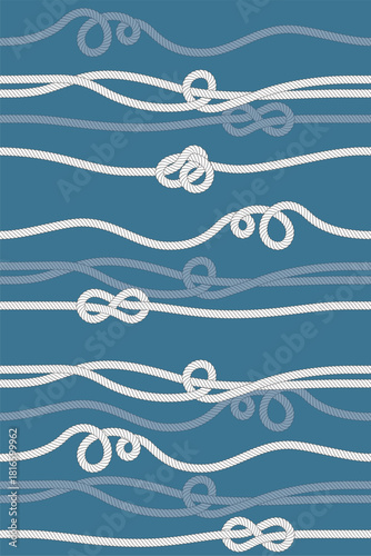 Ropes forming seamless pattern with nautical knots and waves