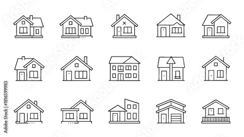 Array of residential house outline icons in various designs