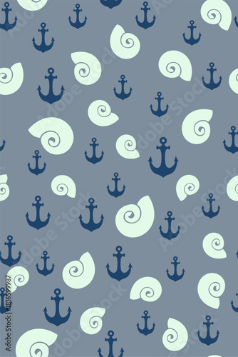 Seamless marine pattern featuring anchors and seashells