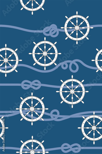 Seamless nautical pattern displaying ship wheels and rope knots