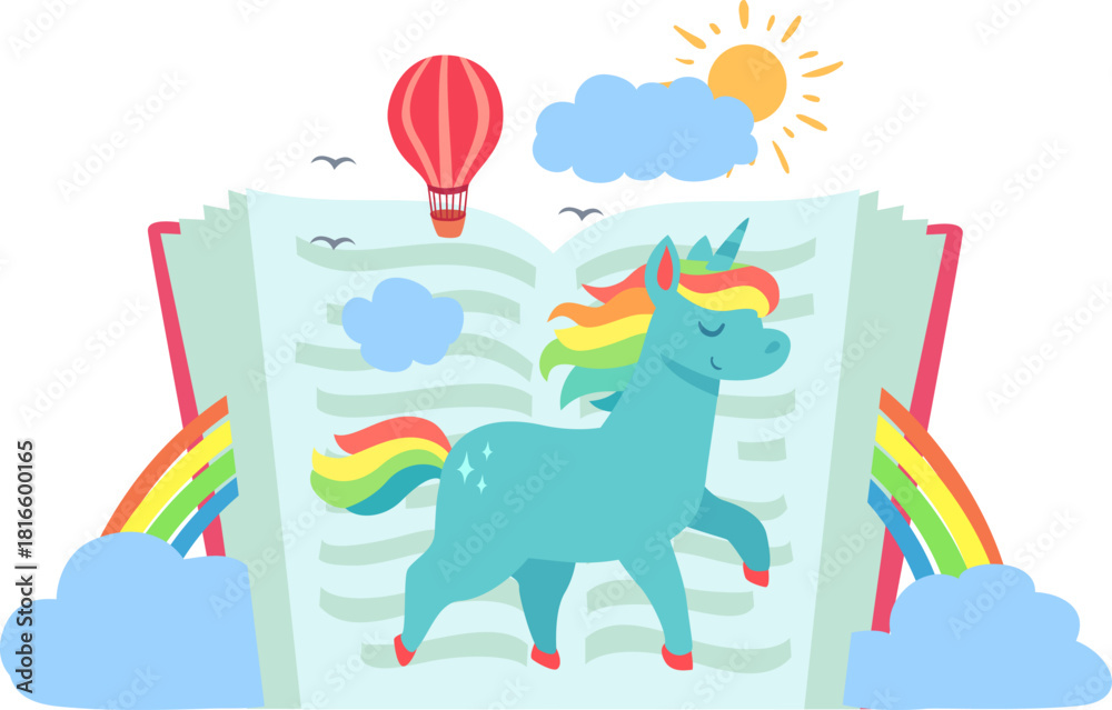 Fototapeta premium Unicorn walking out of storybook with fantasy elements