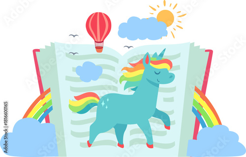 Unicorn walking out of storybook with fantasy elements