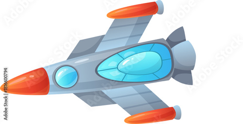 Cartoon spaceship flying through outer space on adventure