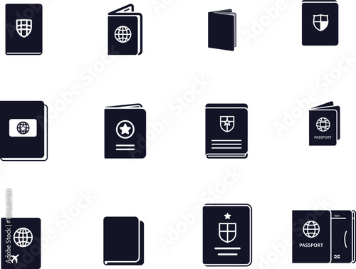 Passport icon set featuring various national symbols and designs for travel documents and identification purposes on a white background
