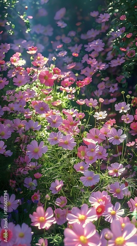 Wallpaper Mural Pink cosmos flowers blooming in garden with sunlight filtering through petals, creating dreamy atmosphere for nature backgrounds and floral designs. Torontodigital.ca