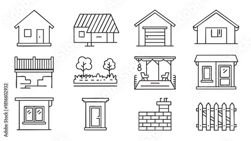 Line Drawing Icons of Houses, Garages and Outdoor Features