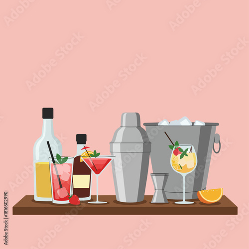 A vibrant illustration of various cocktail ingredients and bar tools on a wooden shelf, featuring bottles, glasses, shaker, ice bucket, and fruit.