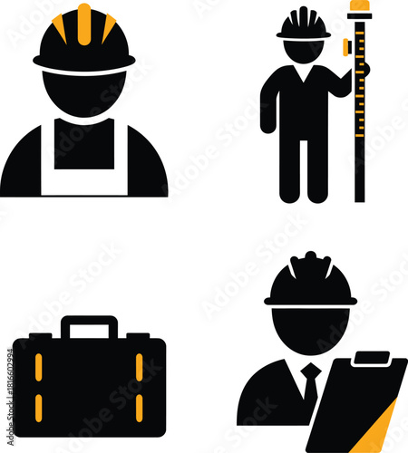Set of black silhouette icons representing construction and engineering professions.