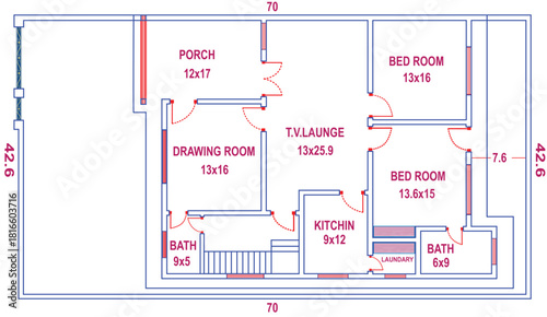 Architectural house blueprint vector featuring labeled rooms, exact dimensions, porch, bedrooms, kitchen, baths, and drawing room in professional floor plan layout