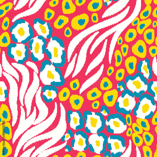 Seamless pixel art pattern in safari motif. Animal print, vibrant texture of a mix of zebra, leopard. Colorful artistic design of striped, spotted pattern in style of 90s, 2000s. Vector illustration.
