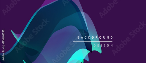 Abstract flowing shapes, vibrant blues, purples create dynamic background. Text reads background design. Modern, stylish visual.