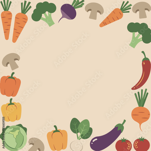 A colorful border of various fresh vegetables and mushrooms on a light background, perfect for a recipe or healthy eating theme.