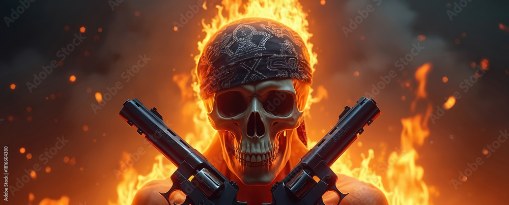 Obraz premium Skull in flames wearing bandana holds two crossed guns. Fiery skeleton character with pistols on dark inferno background. Menacing concept of war, danger, death, crime, outlaw rebellion biker gang