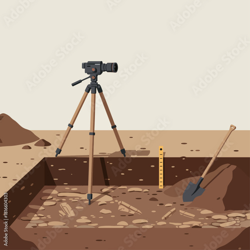 An archaeological excavation site with tools and discovered artifacts in the ground.