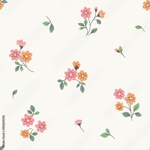 Seamless floral pattern, liberty ditsy print of pretty simple spring plants. Cute botanical design of small hand drawn daisy flowers, tiny leaves abstract on white background. Vector illustration.