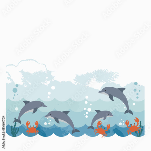 Cartoon illustration of dolphins and crabs swimming in a wavy blue ocean with bubbles and underwater plants.