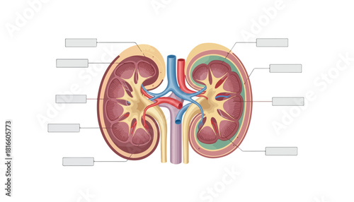 Detailed anatomical illustration of a human kidney, showcasing internal structures and labeling.