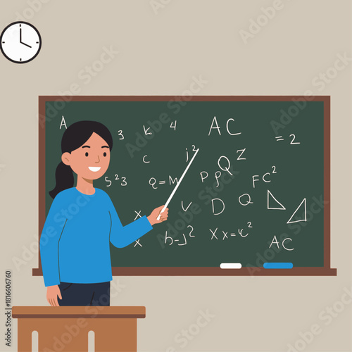 Female teacher explaining mathematical concepts on a blackboard in a classroom.