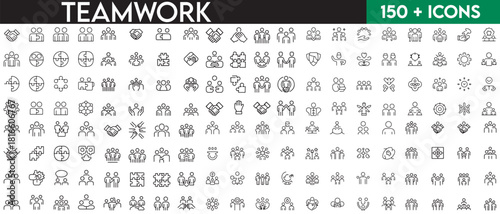 Set of line icons related to society, teamwork, cooperation. Outline icon collection. Editable stroke. Vector illustration. with white background