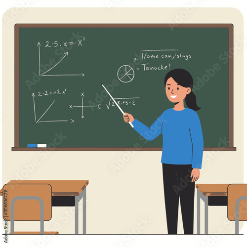 A smiling female teacher in a blue shirt pointing at mathematical equations and graphs on a blackboard in a classroom setting.