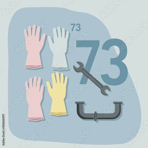 Illustration of plumbing tools and protective gloves with the number 73 on a blue background.