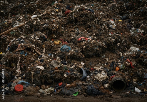 A massive, disgusting pile of extracted sewage waste and debris, showcasing accumulated rags, plastics, and grime from a blocked underground drainage system ,piled ,filth ,blockage