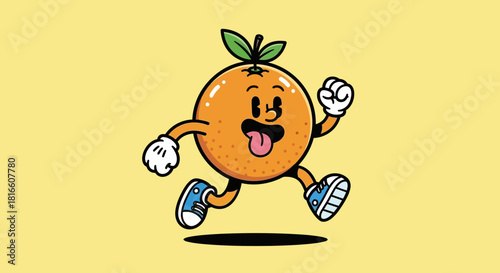 Playful and energetic retro cartoon orange character running with a smile. A vintage fruit mascot illustration on a yellow background
