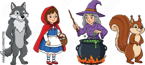 Fairy tale characters illustration, Little Red Riding Hood, witch with cauldron, cartoon wolf, squirrel, storytelling, folklore, children, fantasy, magic