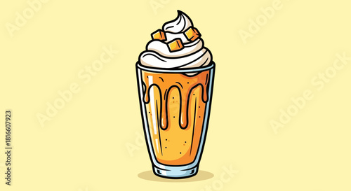 Vibrant Hand-Drawn Mango Smoothie Illustration with Whipped Cream and Fruit Chunks, a Refreshing Tropical Beverage Perfect for Sweet Summer Indulgence