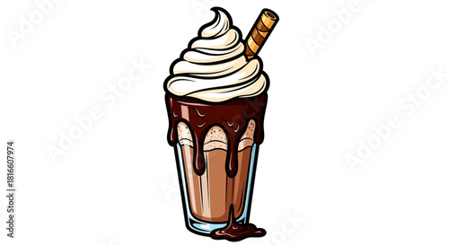 Delicious Chocolate Milkshake with Whipped Cream and Wafer Stick Illustration