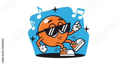 A cool orange cartoon character with sunglasses and sneakers doing a funky dance move with music notes in the background, isolated vector art