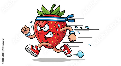 Active strawberry character running with determination and speed, cartoon illustration